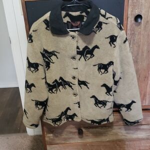 Womens Fleece Horse-Print Jacket - Black on Tan